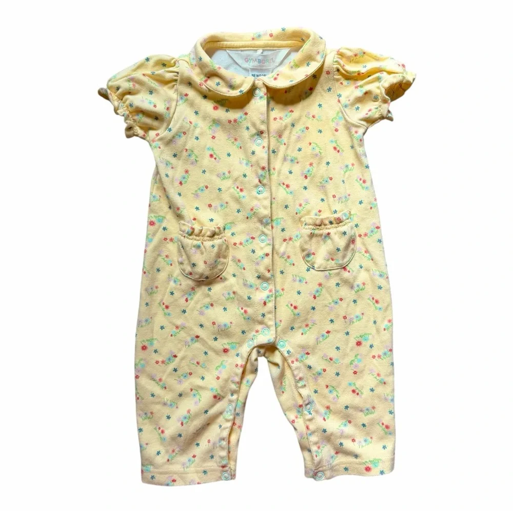 Gymboree Newborn 3-6M Yellow Floral Romper Peter Pan Collar Vintage 90s Spring